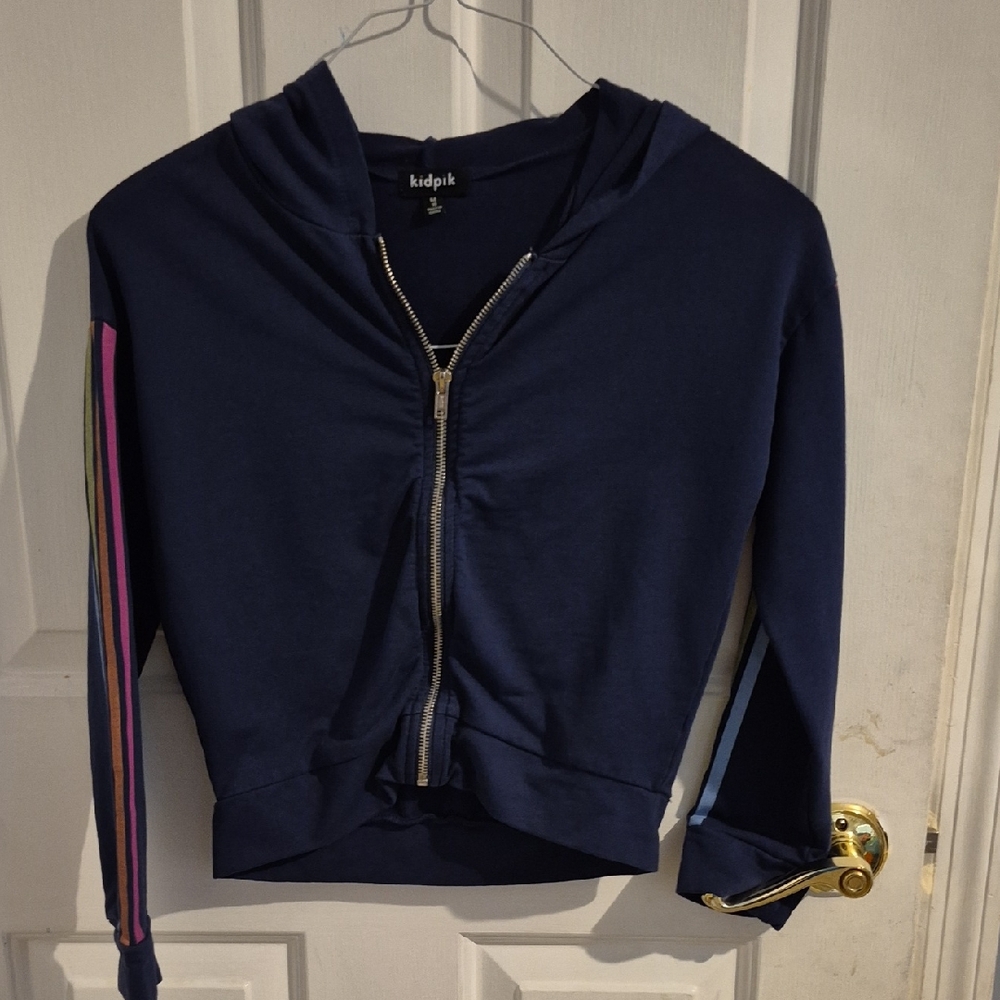 Kidpik Dark Blue Hoodie with Multicolor Sleeve Stripes